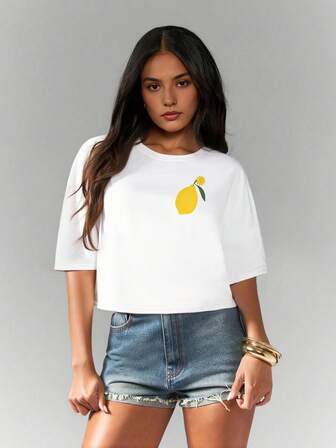 Short Sleeve Simple Lemon Print Casual Tee Shirt, Summer