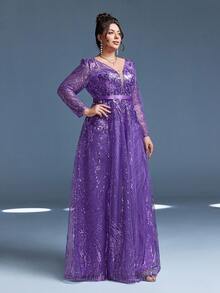 Mgiacy New Arrival V Neck Dark Purple Plus Size Evening Gown Dress Sequin Belt Mesh Long Dress