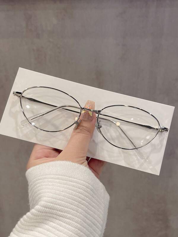 1 Pair Women's Silver Cat Eye Metal Frame Vintage Small Frame Thin Rim Fashion Korean Style Personalized Eyeglasses