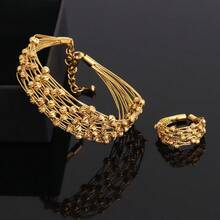 2件套【来自沙特阿拉伯的精美礼物】24K镀金可调节手链戒指套装，女士珠宝，优雅波西米亚风格手链设计，叠戴波西米亚风珠宝，沙特女士时尚珠宝套装，多种款式可选，日常及派对佩戴的完美礼物