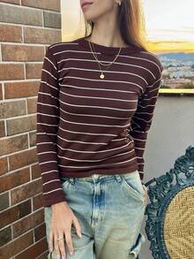 LONG SLEEVE STRIPED MODAL KNIT TOP COLD WINTER - 咖啡加白葡萄酒 - 查看 1