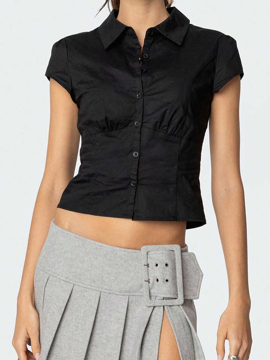 Women Button Down Shirt Casual Solid Color Crop Short Sleeve Tops Blouse