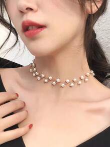 1pc Women's Retro French Pearl Necklace, Elegant High-End Luxurious INS Style Choker Necklace For Bride, Party, Wedding