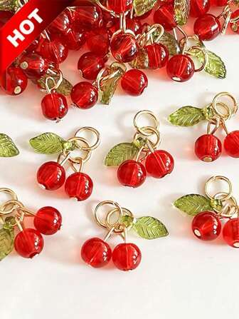 5/10/20/30 piezas Colgante de cereza, Accesorio de joyería con cuentas de vidrio rojo, para hacer collares, aretes, pulseras, cadenas de teléfono, manualidades