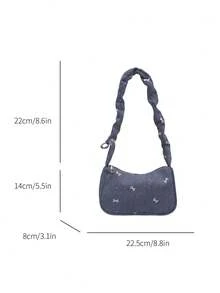 1 Pc Denim Fabric Smooth Zipper Bow Print Casual Fashionable Unique Shoulder Bag, Suitable For Women's Daily Use - Blue - View 2