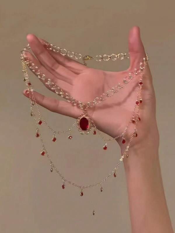 1pc Bohemian Style Elegant Green/Red Pendant Necklace For Women, Faux Pearl Oval Pendant Necklace, Sparkling Design Suitable For Party, Casual Outfit And Gift