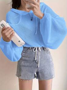 Plus Size Women's Elegant Knit Pullover Sweater With Drawstring, Loose Fit Long Sleeve Solid Color Hoodie, European Style, Suitable For Spring And Autumn