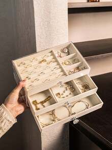 1pc Drawer Style Jewelry Storage Box, Velvet Portable Elegant Dust-Proof Accessories Box - Grey - View 2