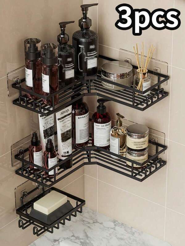 2/3 pièces/set Étagères de salle de bain, comprenant des étagères de douche d'angle, des étagères à savon murales, des étagères à shampooing et des étagères à savon, pour la décoration de la salle de bain de la maison, étagère de rangement de salle de bain noire, étagère à shampooing, salle de bain