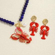3-Piece Set Cute Seaworld Style Lobster Beaded Necklace Earrings Set, Fashion Seaside Creature Pendant Necklace Earrings, Suitable For Summer Holiday Wear, Adjustable Necklace For Women's Daily Beach Vacation Accessory (Handmade, Color & Design May Vary Slightly)