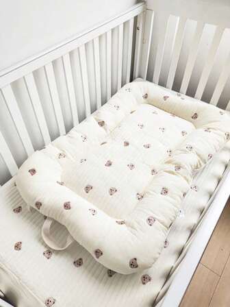 1pc Portable Quilted Embroidery Pattern Bedside Sleeper, Infant Bed, Nap Mat