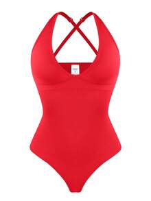 Sexy V Neck Women Shapewear Bodysuit Thong Slimming Tummy Control Deep V-Neck Body Shaper Shaping Tank Top Abdomen Compression Underwear Waist Trainer Jumpsuit Undershirts Halter Crossback Spaghetti Straps - 紅色 - 查看 11