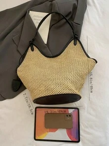1 chiếc túi tote mùa hè bằng rơm dành cho nữ, màu trơn thời trang, túi đi biển ngày lễ thông thường, túi đeo vai cỡ lớn tối giản cổ điển - Màu be - Xem 2