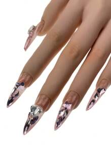 10 pezzi di unghie finte pressate a mano rimovibili, design originale minimalista, unghie lunghe e appuntite color rosa sfumato, accessori per unghie estive delicati fatti a mano con applicazione di diamanti e set di adesivi per unghie e colla per donne e ragazze