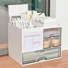 1 pièce Boîte de rangement de bureau avec tiroirs, organisateur de papeterie étudiant support à stylos avec support à mémo, organisateur de bureau scolaire à domicile, boîte de rangement pour maquillage, décoration de table, retour à l'école, fournitures scolaires, trousse à crayons, étui à crayons, sac d'école