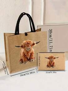 Set de 2 bolsas de lino con estampado de vaca de dibujos animados. Incluye una bolsa de maquillaje, bolso de almacenamiento casual portátil, bolso de moda islámica, bolso con estampado animal, bolso de moda modesta, bolso de compras multifuncional, nuevo diseño, gran capacidad, elección de compras ideal, adecuado para uso diario, regalos del Eid para ella, cumpleaños, vacaciones, playa, viajes, picnics, campamentos, supermercado, almacenamiento diario, regalo del Día de la Madre.