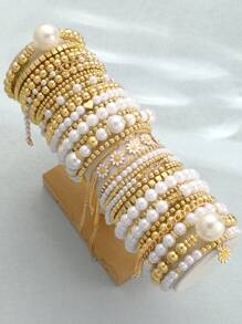 12/8/7/5/4pcs Set Beaded Chunky Faux Pearl Geometric, Round Bead, Square Flower, Heart, Rhinestone Sparkling Stretch Bracelet, Fashion Chic Elegant Retro Design, Suitable For Holiday, Party, Dating, Gift, Daily Wear