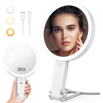 M MISS DREAM 带灯旅行化妆镜，可充电双面 30X/1X 放大镜，便携式带灯美容镜，3 色照明，可调光触摸屏，桌面手持悬挂（白色）