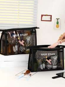 Larger Capacity Mesh Cosmetic Bag Printed With Letters 'Hair Stuff' And Hair Accessory Pattern, Multifunctional Cosmetic Pouch, For Clips, Headbands, Red Air Cushion Storage Portable Storage Bagtravel Essentials Vacation Summer Holiday Back To School School Stuff Bag For School Travel Bag For Women Makeup Bag For Travel - Multicolor - View 2