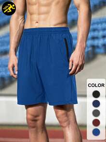 5 Pieces -Men's Casual Zipper Pocket Stretch Waist Drawstring Shorts, Moisture-Wicking And Sweat-Absorbing Stretch Fabric Solid Color, Sweatabsorbing, Breathable, Quick-Drying Mesh Basicstyle Outdoor Running, Cycling, Playing Ball Games.Gym Training Sports Shorts