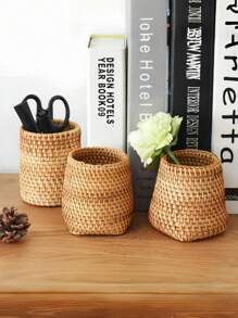 1 pieza Soporte de plumas multifuncional hecho a mano de material de ratán, soporte para plumas, almacenamiento de brochas de maquillaje, decoración de escritorio, apto para escritorios de oficina, aulas, regalos de cumpleaños, almacenamiento, decoración del hogar