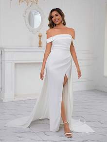 White Elegant Satin One Shoulder Backless Sexy Tie Waist Extra Long Floor-Mounting Wedding Party Wedding Dress, Bridal Gown - White - View 4