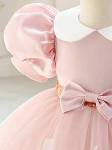 女婴波点泡泡袖蝴蝶结薄纱粉色圣诞派对礼服，优雅公主裙，适合女孩生日、周年纪念、派对、婚礼、宴会、节日庆典等场合。 - 粉色 - 查看 10