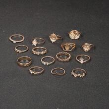 Set Of 15 Rings With Portrait Of Beauty Head Retro Gold Coin With Cross Pattern Palm Of Faith Ring - 金色 - 查看 5