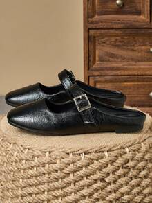 MonaNise 女士舒适方头蝴蝶结一脚蹬平底鞋，海军蓝，休闲平底鞋，适合度假、旅行、秋季、户外、百搭、玛丽珍鞋、办公室穿着 - 黑色 - 查看 4