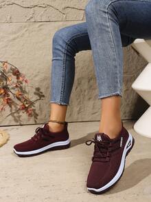 女式2025双条纹舒适透气高档时尚优雅百搭不疲劳厚底平底休闲鞋 - 酒紅色 - 查看 3