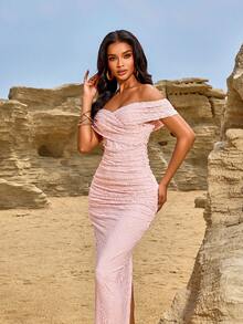 Women's Elegant Fashionable Lace Ruffle Slit Bodycon Off Shoulder Long Party Evening Dress, Suitable For Daily And Special Occasions, Formal, Gown, For Wedding Guest, Valentine's Day - Pink - View 4