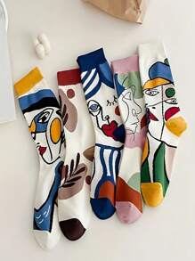 5 pares de calcetines de diseño de pintura abstracta para parejas, calcetines largos transpirables y que absorben la humedad para mujeres, calcetines cómodos y casuales unisex para todas las estaciones, otoño/invierno, estilo europeo