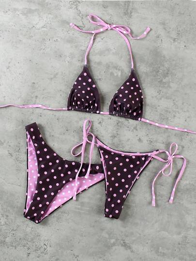 3pcs Sexy Polka Dot Print Bikini Swimsuit Set, European And American Fashion