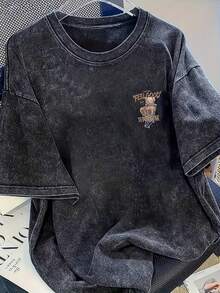 水洗棉超大款黑色卡通熊短袖T恤，宽松修身设计复古风格