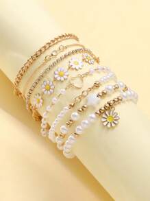 12/8/7/5/4pcs Set Beaded Chunky Faux Pearl Geometric, Round Bead, Square Flower, Heart, Rhinestone Sparkling Stretch Bracelet, Fashion Chic Elegant Retro Design, Suitable For Holiday, Party, Dating, Gift, Daily Wear