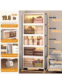5layer Foldable Storage Cabinet, Plastic Sundries Organizer With Doors & Wheels, Stackable Large Capacity Home Organization For Bedroom, Living Room, Kitchen, Easy Assembly & Space-Saving Design