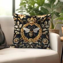 1pc Bee Festival Vintage Series Black Background White Wing Bee Printed Pillow Case [No Pillow Insert], 17.7*17.7in(45*45cm), [Single-Sided Printing] Minimalist Modern Polyester Cushion Cover, Room Decor, Home Decor, Bedroom Decor, Room Decoration Stuff For Sofa, Bed, Living Room, Bedroom, Car, Office, Hotel Decoration, Throw Pillow Covers, Suitable For All Seasons, Perfect Gift For Family And Friends