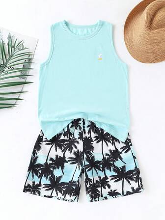 2pcs Boys Casual Tree Pattern Sleeveless T-Shirt And Elastic Waist Hawaiian Shorts