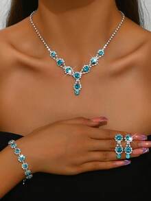 4 件全水钻首饰套装，包括项链、耳环、手链、时尚新娘配饰 - 首飾套裝 - 查看 14