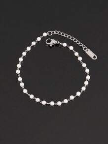 1 pièce Bracelet en acier inoxydable 3/4mm avec de fausses perles blanches pour femmes. Bijou avec chaîne de perles simples et mode (le nombre de perles est aléatoire)