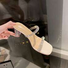 Women's Square Head Double One-Shaped Diamond With Transparent Thick Heel Sandals - White - View 6