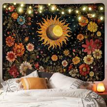 1 pezzo Arazzo da parete in stile bohémien e vibranti colori naturali con decorazioni floreali, sole e luna, realizzato in poliestere, per decorazione estetica della casa, camera da letto, soggiorno, regalo unico per amici e famiglia