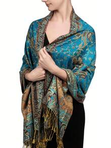 FADZOYLE 1 件女士海滩配饰奢华双层提花大佩斯利羊绒披肩围巾海滩罩衫纱笼羊绒手感狂野柔软丝滑双面围巾流苏日常生活晚礼服旅游办公室婚礼和礼品配饰女士