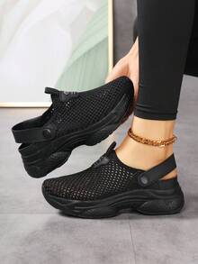 秋冬新款夏季女款懶人鞋 35-43 碼，休閒透氣輕量打孔鞋，封趾針織網眼穆勒涼鞋 - 黑色 - 查看 5