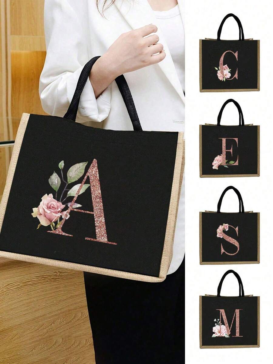 Casual Tote Bags For Women, Large Capacity Shopping Bag, Linen Beach Tote Bag, Gold 26 Letter Print Commuter Tote Bag, Jute Tote Bag Women's Shopping Bag, Gold Lettering And Flowers, Large Capacity Reusable Shopping Bag