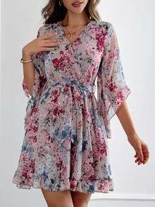 PoPoHouse 女士夏季连衣裙，透气舒适轻盈，印花荷叶边喇叭袖，腰部设计，适合日常通勤和度假穿着，优雅时尚。春夏连衣裙，情人节连衣裙，海滩度假连衣裙。