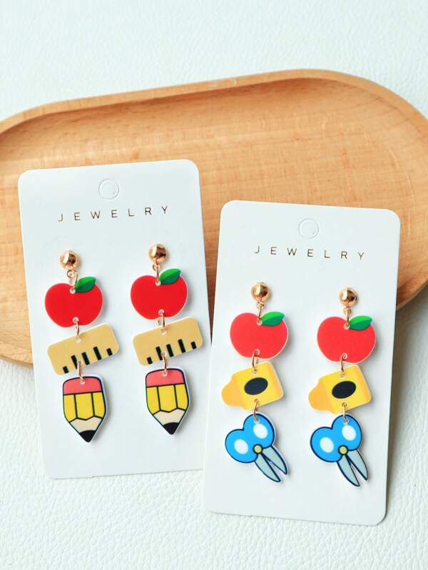 1 par de aretes largos de acrílico con diseños divertidos de manzana, regla, lápiz, crayón y tijeras, adecuados como regalo festivo para niñas, ideales para la vuelta al cole, graduación u ocasión de apertura