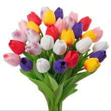 Colorful Artificial Tulip Flower Bouquet, Placed In Glass Vase - Vivid Polyurethane Fake Flowers, Perfect For Valentine's Day Home Decor, Realistic And Durable, No Battery Needed, Floral Decoration