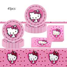 Sanrio 61pcs Sanrio Hello Kitty Party Supplies,Included Plates,Napkins,Tablecloth,Paper Cup,For Hello Kitty Party Decorations,Hello Kitty Birthday Party Decorations,Hello Kitty Party Decorations