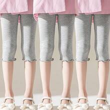 3 条女童/儿童/幼儿荷叶边下摆七分紧身裤，纯白色/灰色/黑色/粉色，轻盈的 3/4 长裤，休闲可爱时尚，适合日常穿着，柔软舒适，可搭配衬衫/连衣裙，适合学生
